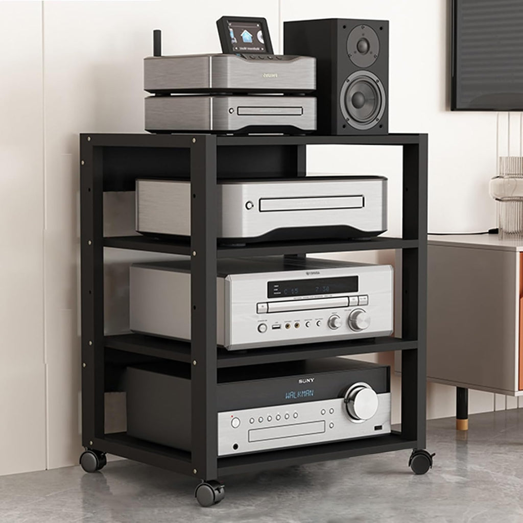 27' Modern Record Player Stand, 4-Tier Mobile Audio Shelf, Adjustable AV Media Storage Cabinet for Home, Office, Classroom - Stereo Equipment Rack (Black)