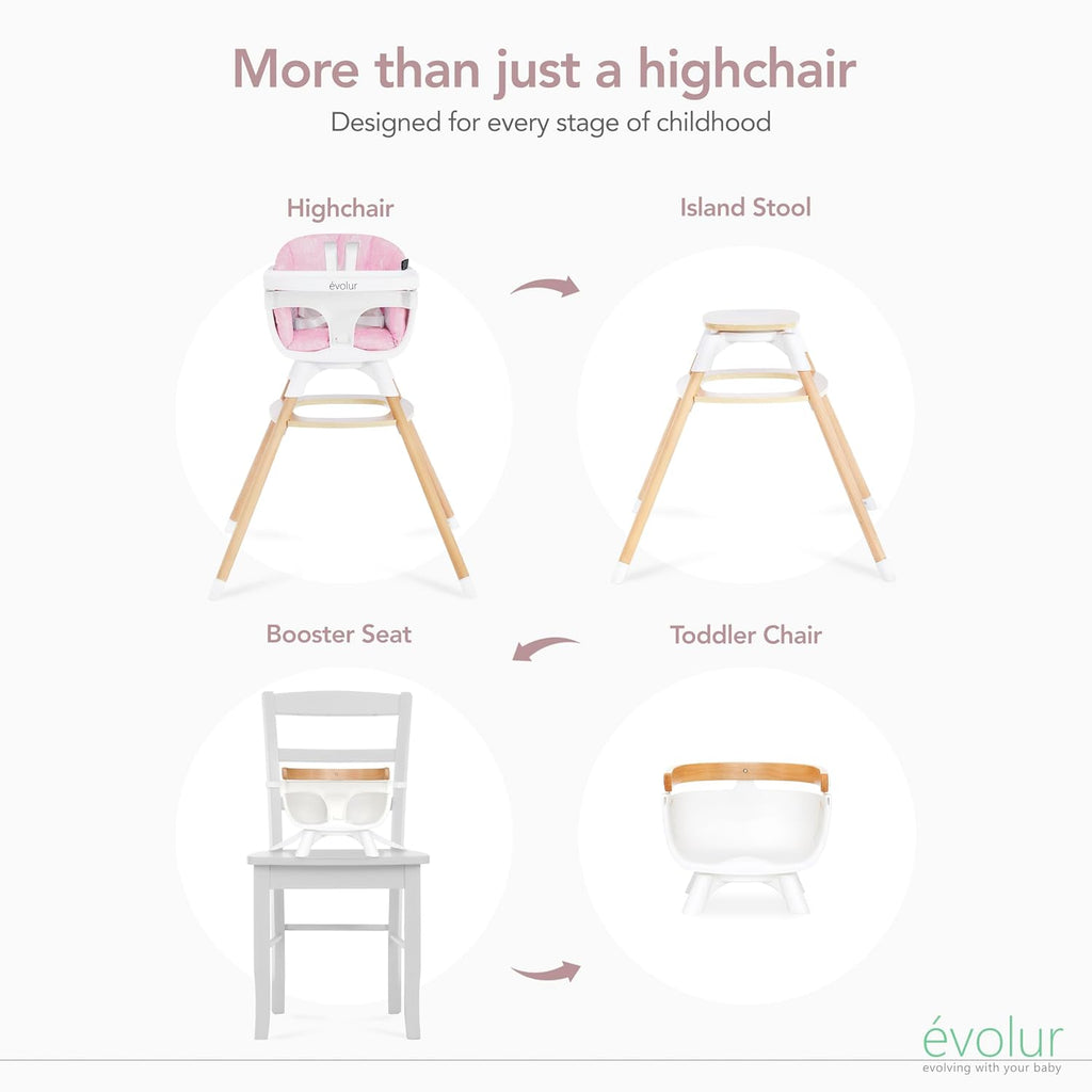 Evolur Ann Beechwood 4-in-1 Highchair | 360 Seat Rotation | Booster seat | Floor Chair | Bar Stool Chair | 5 Point Safety Harness | Pink