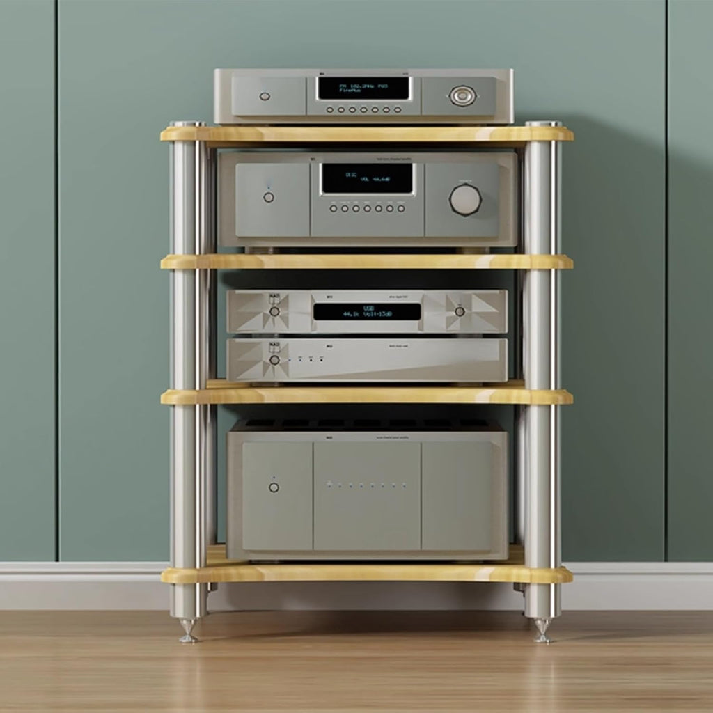 4 Tier HiFi Audio Rack for Amplifier Receiver Turntable, Heavy Duty Speaker Equipment Stand with Spikes, AV Component Storage Cabinet, Media Console for Home Theater(Wood)
