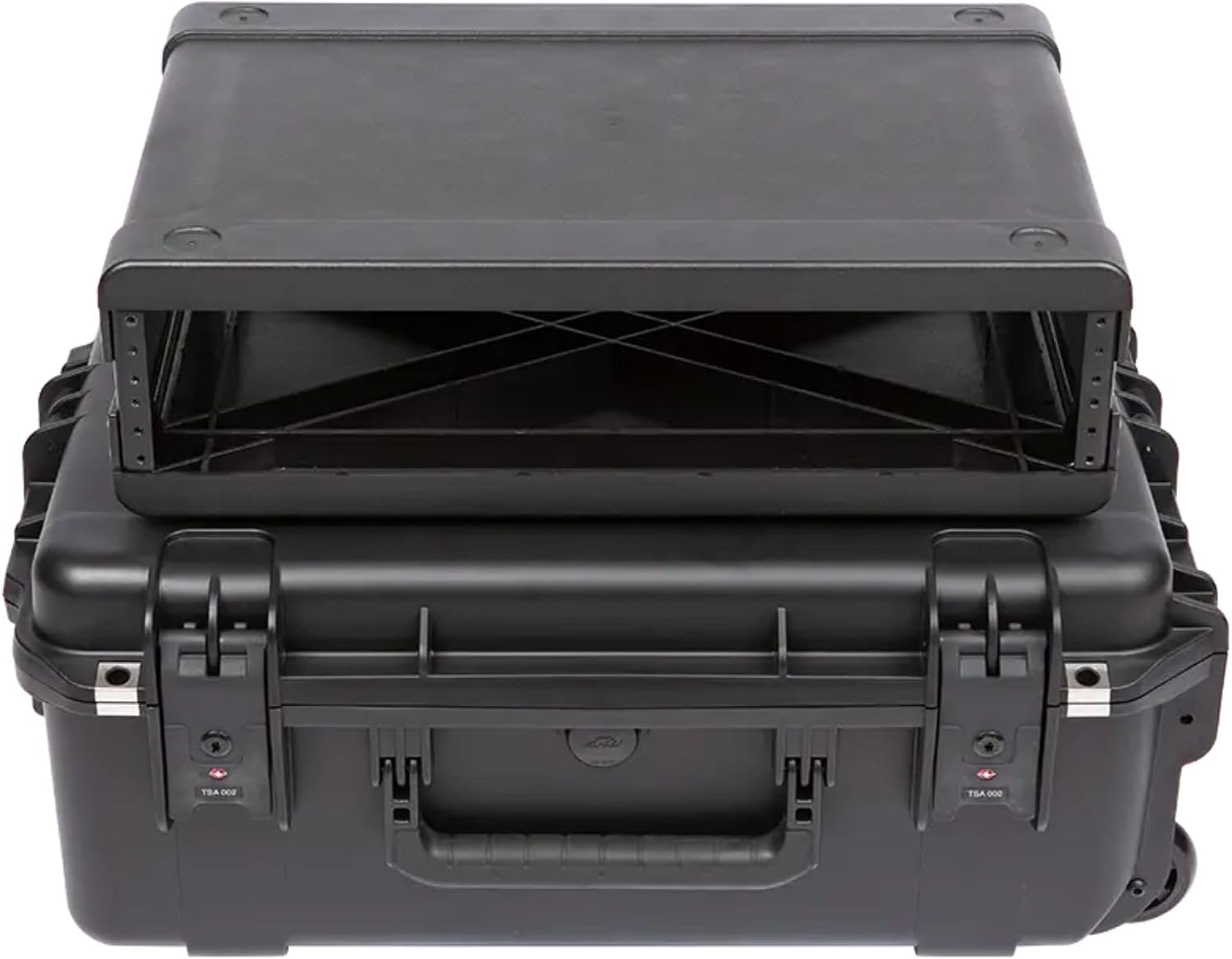 SKB 2U iSeries 13' Injection Molded Fly Rack with Built-In Wheels, Push Button Release Pull Handle and Removable Rack Frames, Black