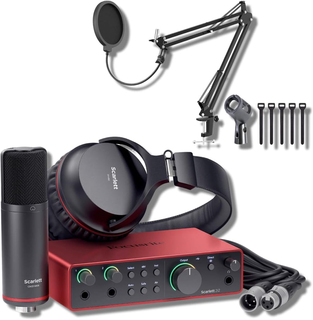 Focusrite Scarlett 2i2 Studio 4th Gen USB Audio Interface Bundle with StreamEye Boom Arm Mic Stand Desktop Mount, Detachable Clip, Professional Grade XLR Cable, Microphone Pop Filter and Cable Ties