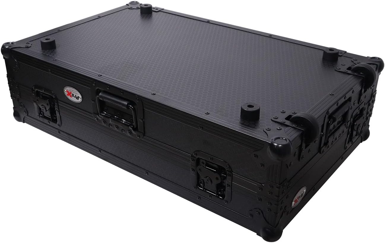 ProX XS-DDJFLX10WLTBL ATA Flight Style Road Case For Pioneer DDJ-FLX10 DJ Controller with Laptop Shelf 1U Rack Space Wheels and LED Black Finish