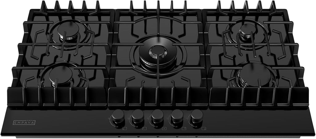 Empava 36' Gas Stove Cooktop NG/LPG Convertible with 5 Italy Sabaf Sealed Burners in Black Tempered Glass