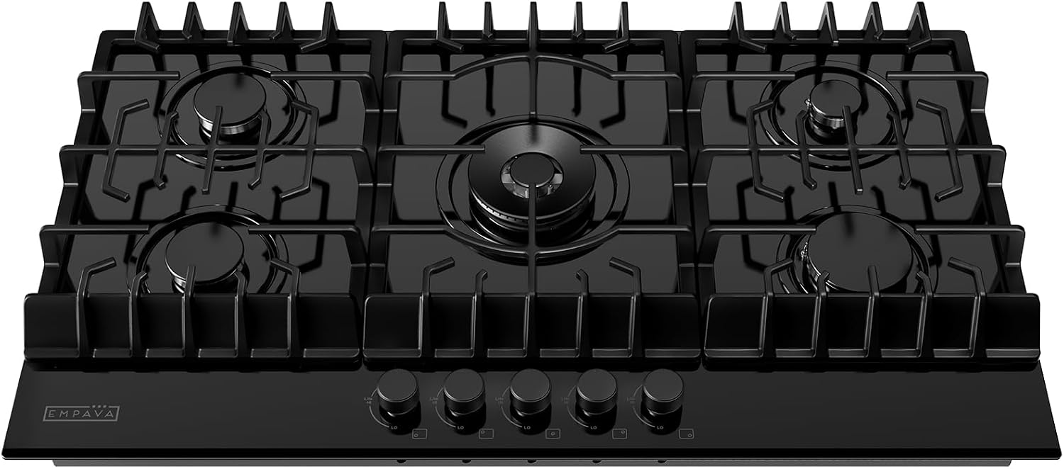 Empava 36' Gas Stove Cooktop NG/LPG Convertible with 5 Italy Sabaf Sealed Burners in Black Tempered Glass
