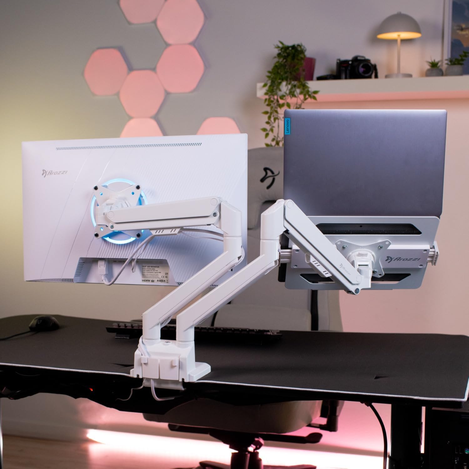 Arozzi Alzare Neo Duo Dual Gas Spring Monitor Arm - 2 Independent Arms, 17':34' Monitors, VESA 75/100, 360 Rotation, Up to 20 lbs Each, Cable Management, C-Clamp & Grommet Included - White