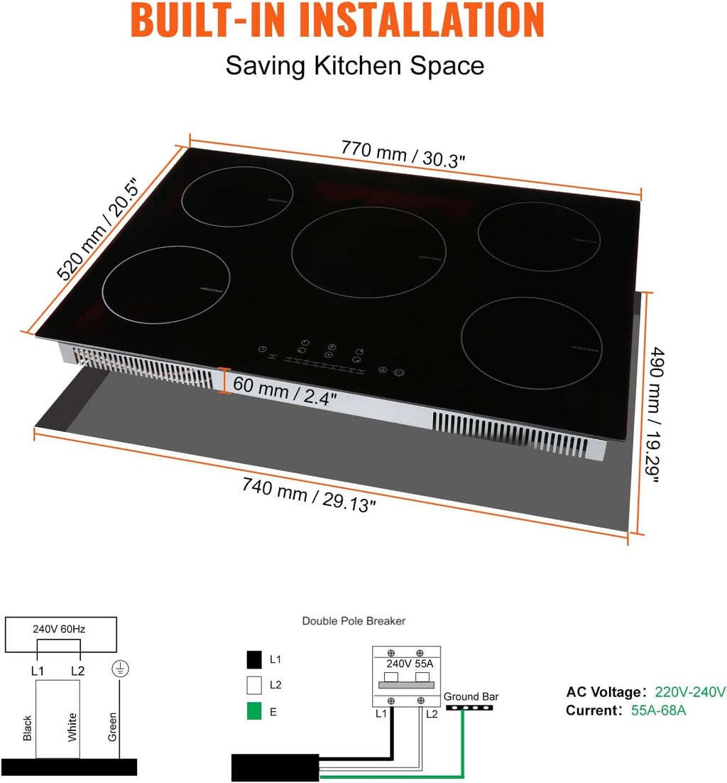 Happybuy Electric Cooktop, 5 Burners, 30'' Induction Stove Top, Built-in Magnetic Cooktop 9200W, 9 Heat Levels, LED Touch Control with Child Lock & Overheat Protection