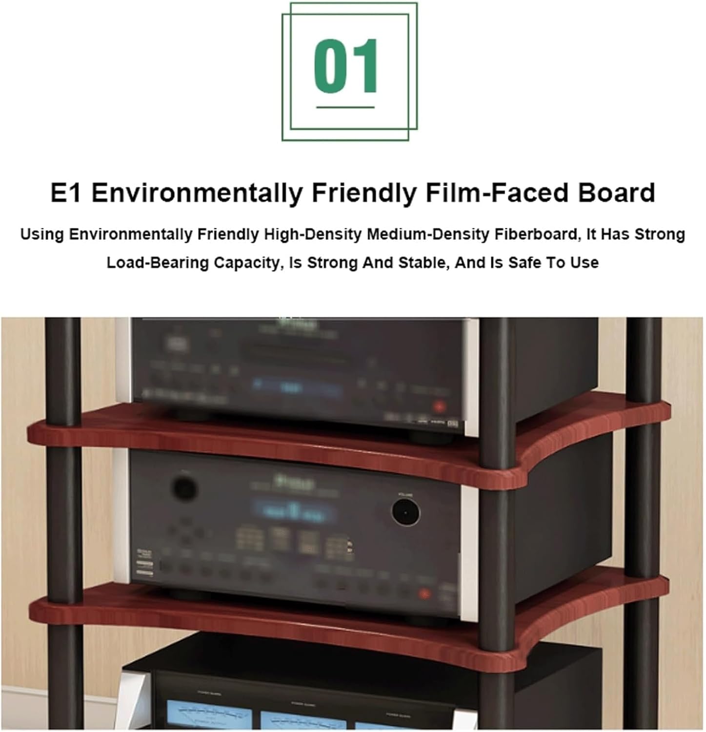 Audio Rack Steel Stereo Rack Audio Equipment Rack Audio Stereo Shelf Wooden Open Audio-Video Shelving with Shock-Absorbing Feet(Rot,3 Tier)