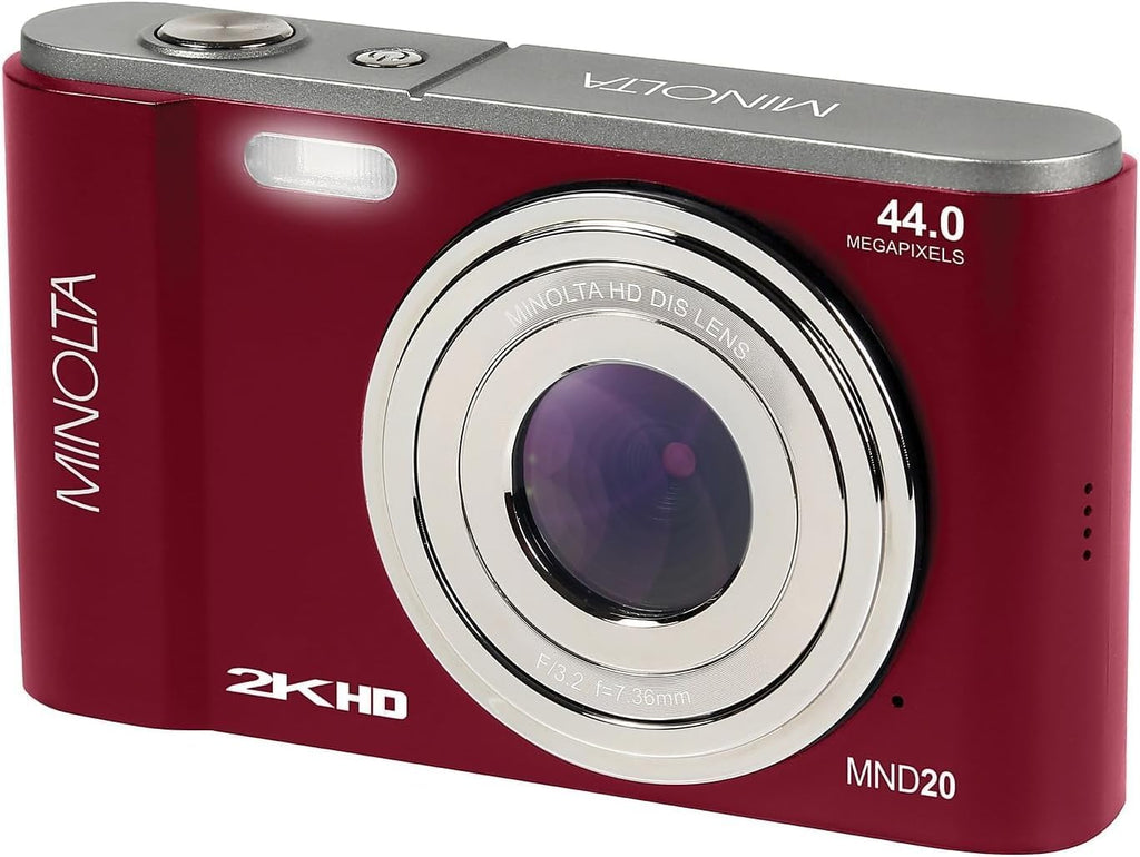Minolta MND20 44 MP 2.7K Quad HD Digital Camera (Red) Bundle with 32GB Memory Card + 12 Inch Flexible Vlogging Tripod + Memory Card Wallet + USB Card Reader + More