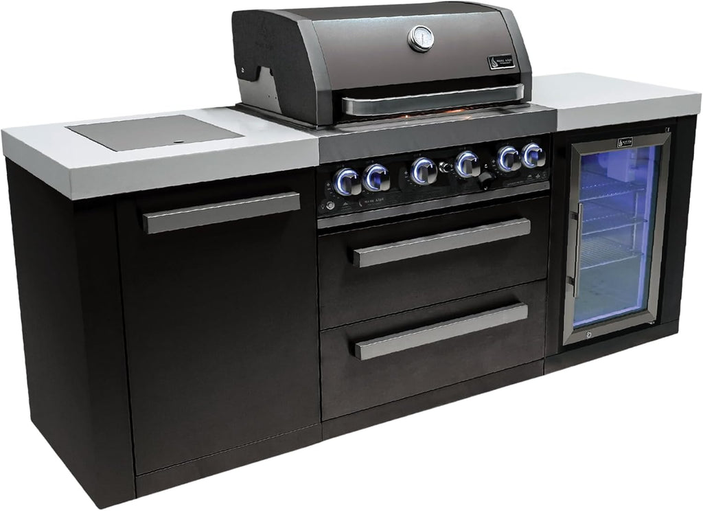 Mont Alpi 82'W x 23'D x 46'H Black Stainless Steel Modular Outdoor Kitchen Island with Refrigerator + 32'W 4-Burner BBQ Gas Grill + Side Burner + Granite Countertops + Storage Cabinets & Drawers