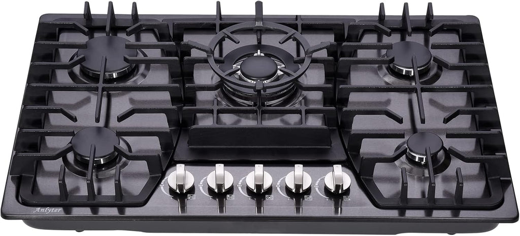 30 Inch Gas Cooktop, 5 Burners Built-in Stovetop, Stainless Steel LPG/NG Convertible Stove, Dual Fuel Sealed Hob - Black