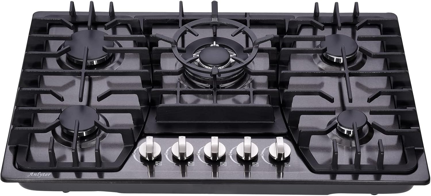 30 Inch Gas Cooktop, 5 Burners Built-in Stovetop, Stainless Steel LPG/NG Convertible Stove, Dual Fuel Sealed Hob - Black