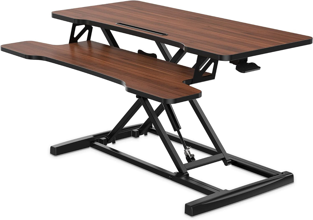 FITUEYES Height Adjustable Standing Desk 36' Wide Sit to Stand Converter Stand Up Desk Tabletop Workstation for Laptops Dual Monitor Riser Brown SD309102WE