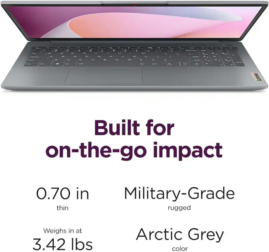 Lenovo IdeaPad Slim 3i 15.6' FHD Laptop, Intel Core i3-N305 (8-Core) CPU, 8GB LPDDR5 RAM, 128GB UFS, Intel UHD Graphics, Wi-Fi 6, SD Card Reader, Windows 11 S, Arctic Grey, EAT Laptop Foldable Stand