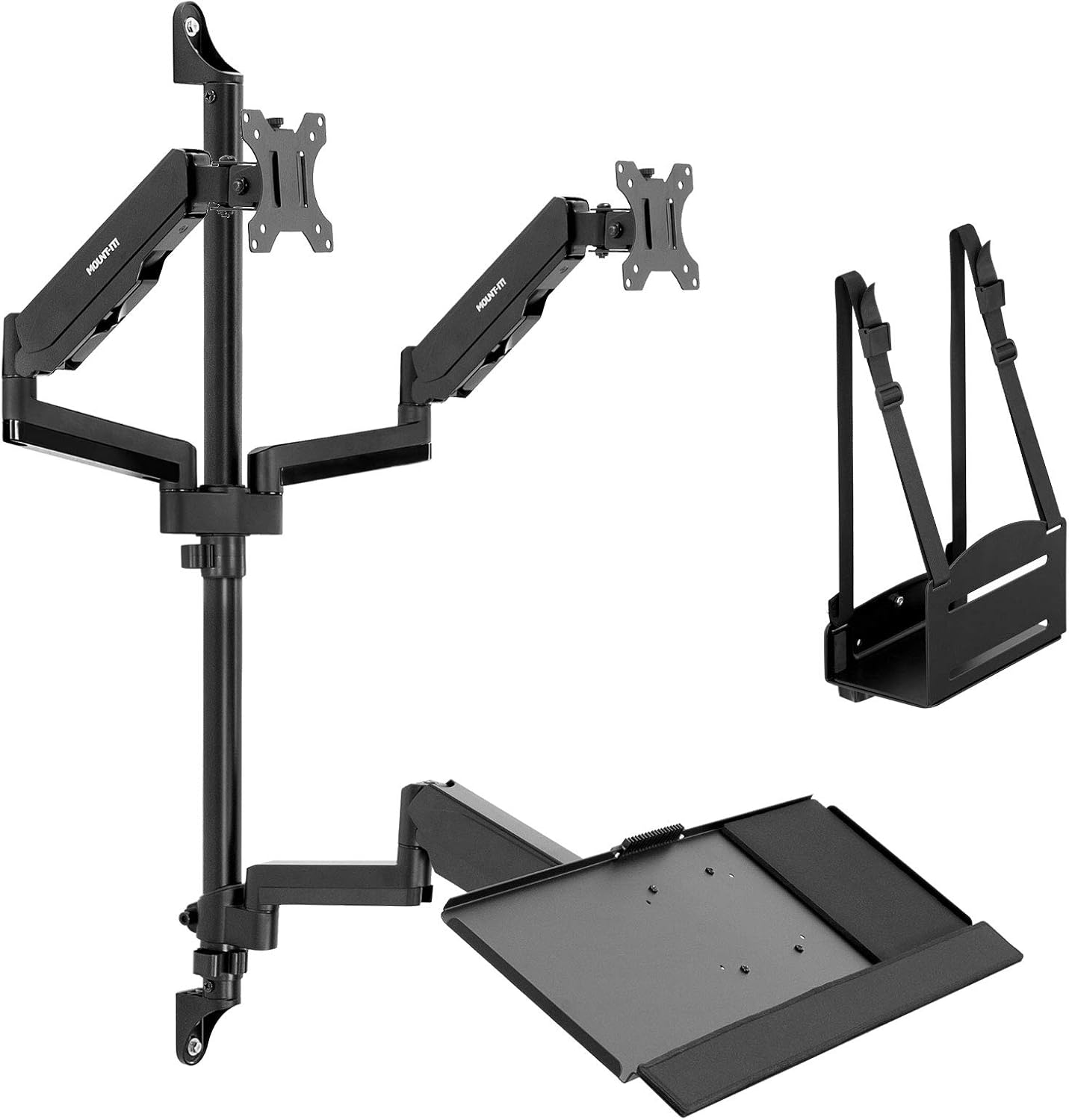 Mount-It! Dual Monitor Arm Wall Mount Workstation with Keyboard Tray & CPU Holder, Height Adjustable Gas Spring Full Motion Computer Station, Fits 17–32' VESA 75x75 100x100, Black
