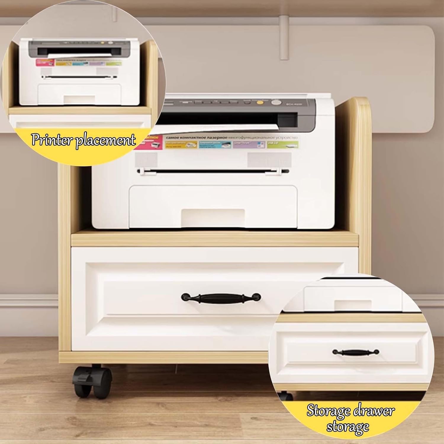 Computer Tower Storage Cabinet,PC Stand with Lockable Wheels，Mobile Printer Stand, Wooden Printer Cart，Office Printer Table, 3D Printer Stand, for Office Home Kitchen(Black,53cm/20.87in)