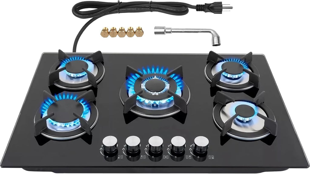 30in Countertop Gas Cooktop - 5 Burner Tempered Glass Stove Top, NG/LPG Convertible, Default for Propane Gas for RVs