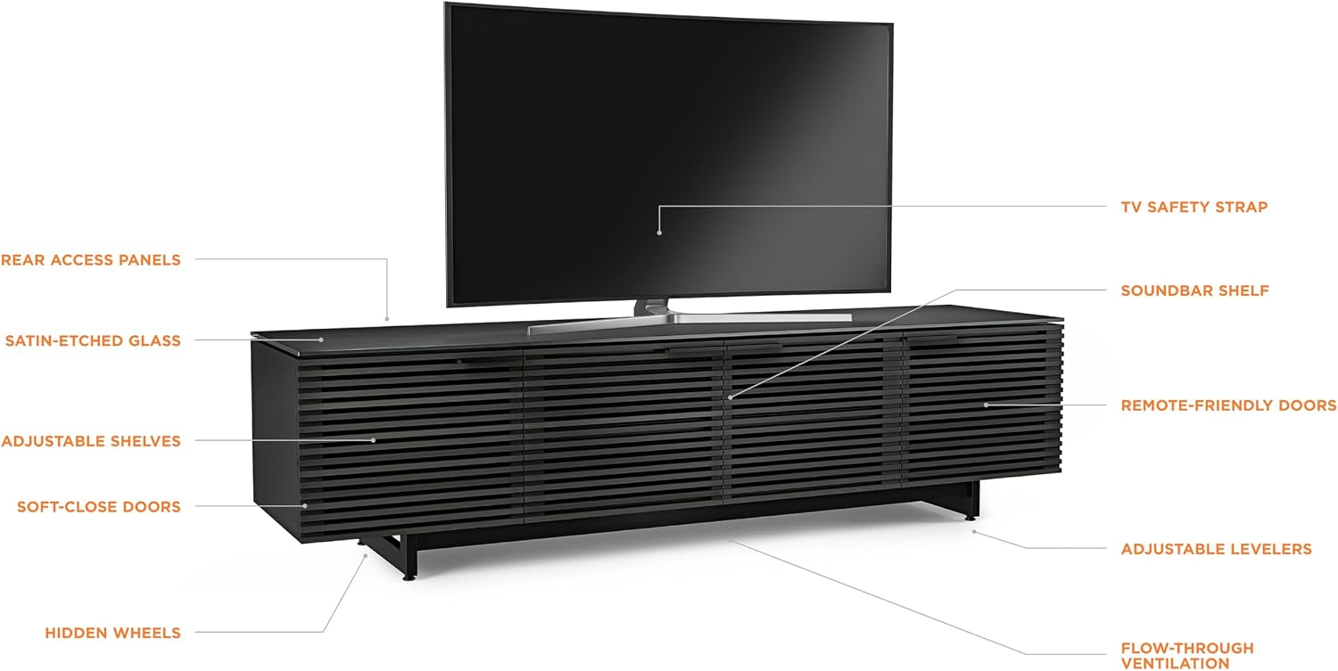BDI Furniture Corridor 8173-79.25'' TV Stand for TVs up to 85' with Soundbar Shelf, Adjustable Shelves, Cable Management, Ventilation, Tempered Glass Top, Charcoal Stained Ash