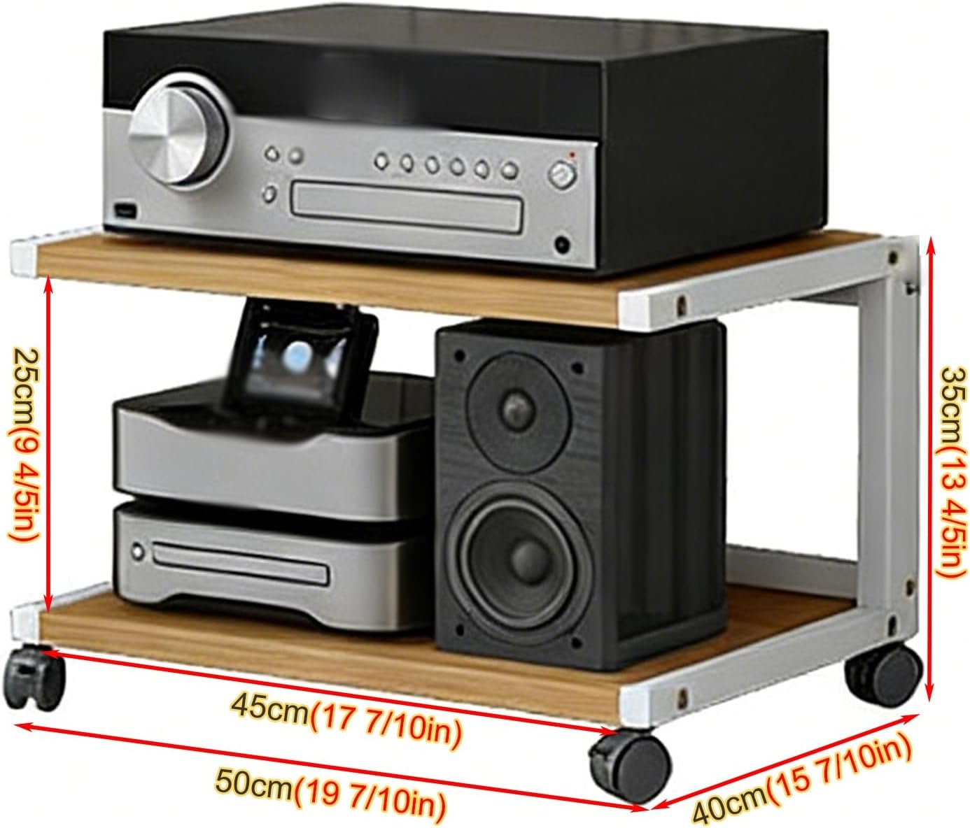 2-Shelf Le Ma Stand with 4 Rolling Caster Wheels, Floorstanding HiFi Rack and Storage Cabinet, Home Audio Equipment Organizer, Height 35CM (13.8IN)