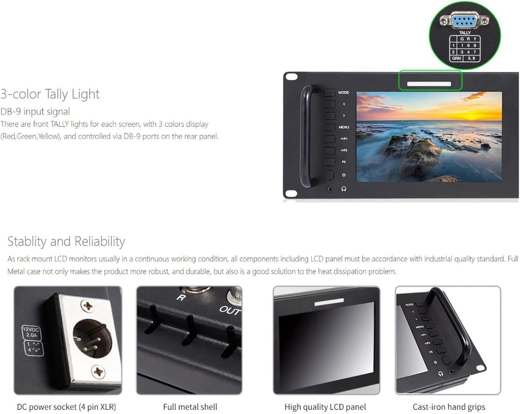 FEELWORLD D71 Plus -H Dual 7' 3RU IPS 1920x1200 Broadcast LCD Rack Mount Monitor with HDMI, AV Input and Output