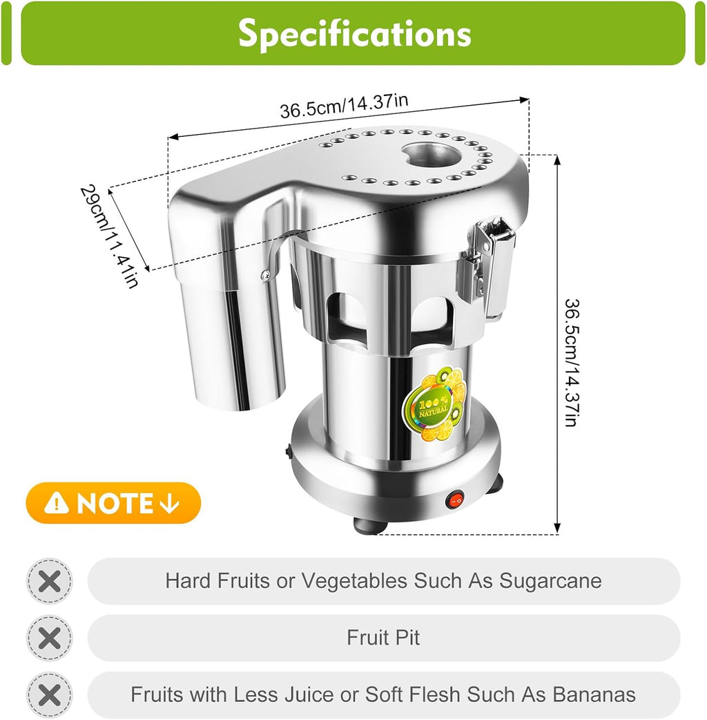 Heavy Duty Commercial Juice Extractor Machine, Stainless Steel Juicer Maker for Fruits and Vegetables Constructed Centrifugal Juice Making Tool Kitchenware 110V 60Hz 370W