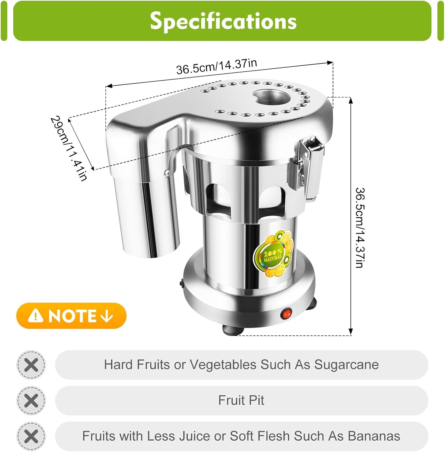 Commercial Juice Extractor Heavy Duty Centrifugal Juicer Machine Electric Fruit and Vegetables Juice Maker Aluminum and Stainless Steel Constructed 110V 370W