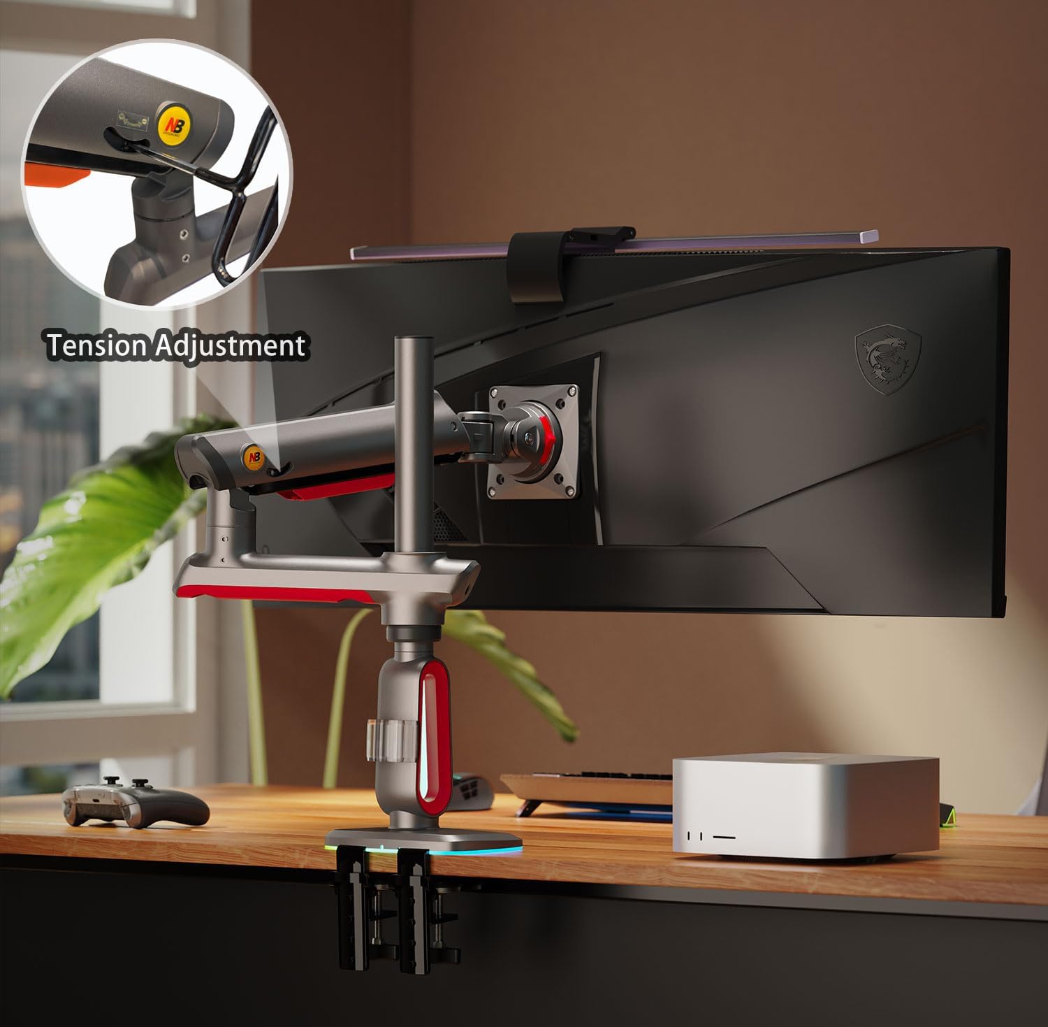 NB Extra Height Gaming Monitor Arm for 32 to 60 Inches Screen, Load up to 20 kg, VESA 75/100, RGB-Light, Heavy Duty, Multi Angle Adjustable, Premium Aluminum, Long Arm Extension Red