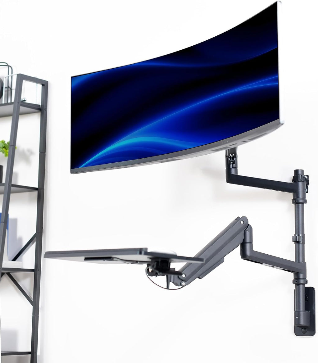 VIVO Sit-Stand Heavy Duty Ultrawide Monitor Wall Mount for Screens up to 49 inches with Height Adjustable Keyboard and Mouse Tray, Pneumatic Arm Computer Workstation, MOUNT-V120KB35C