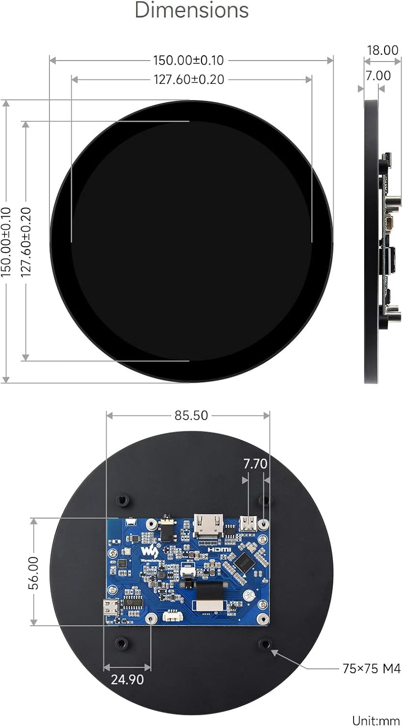 waveshare 5inch HDMI Round Touch Display, 1080 × 1080 Resolution, IPS, 10-Point Touch, Compatible with Raspberry Pi 5/4B/3B/Zero/Zero W/Zero 2W/Pico/Pico W/Pico WH