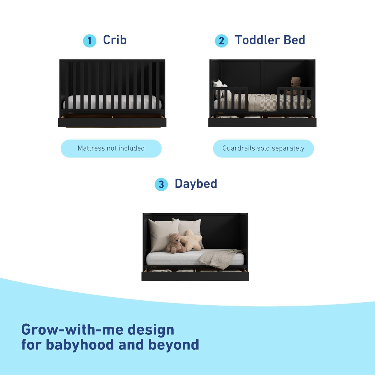 Graco Theo 3-in-1 Convertible Crib with Storage Drawer – GREENGUARD Gold Certified Baby Crib Crafted from Wood, Converts to Toddler Bed, Daybed, and Full-Size Bed (Black)