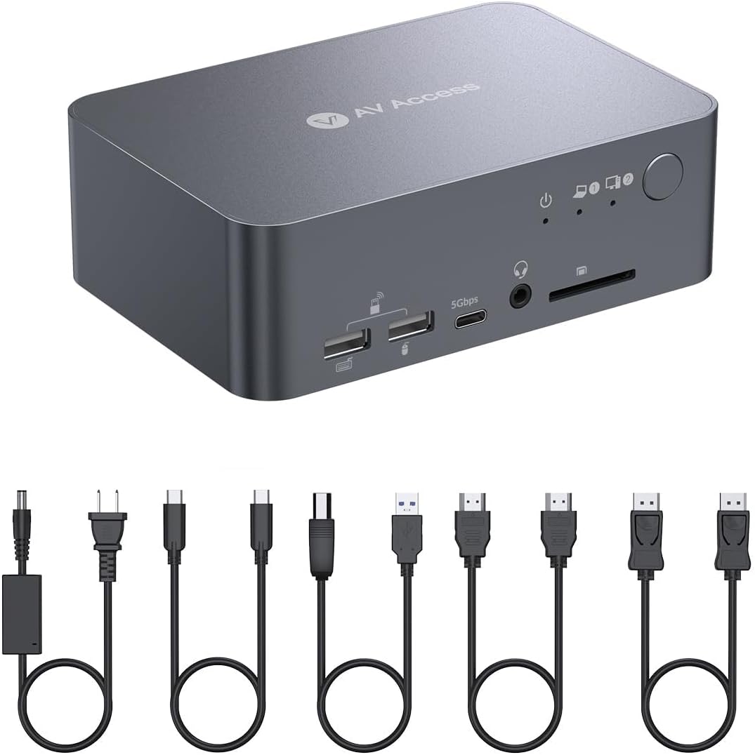 AV Access Dual Monitor KVM Docking Station for Laptop & Desktop, GbE, EDID, 5xUSB-A, HDMI 4K@60Hz USB C KVM Switch 2 Monitors 2 Computers, 60W Laptop Charge, for Home Office Workstations (iDock C10)
