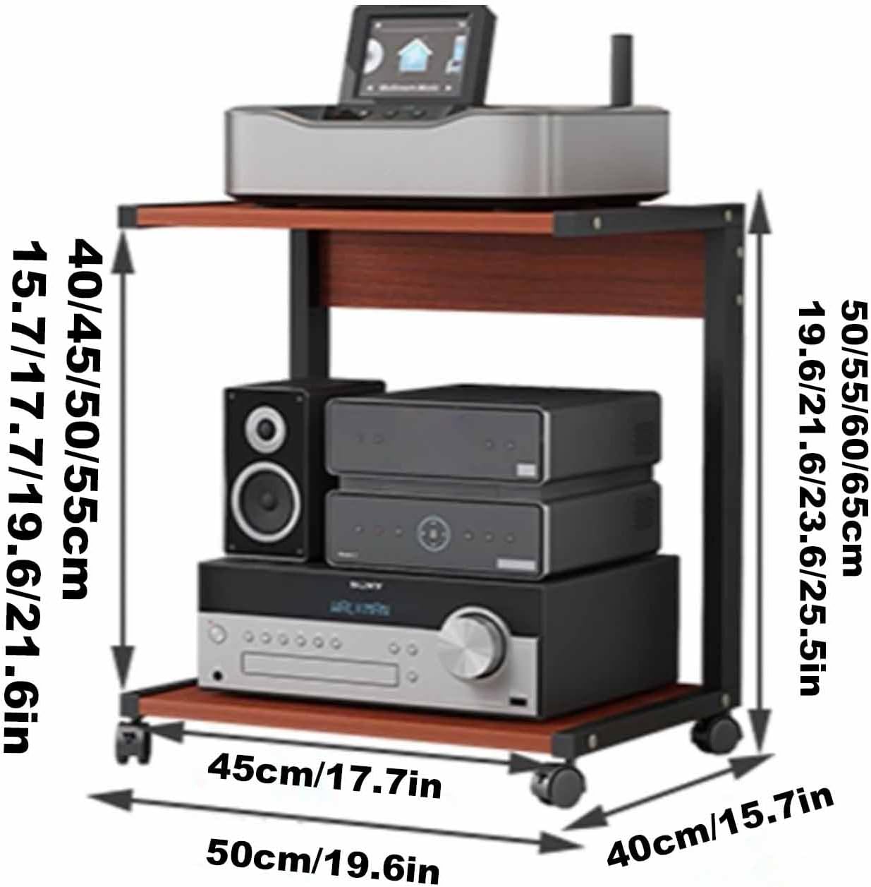 2-Tier Video Media Stand,Stereo Cabinet with Wheels,Movable Media Storage Cabinet,Audio Rack Tower AV Equipment Cabinet,CD Record Player Stereo Receiver Display Stand(Black,50x40x55CM)