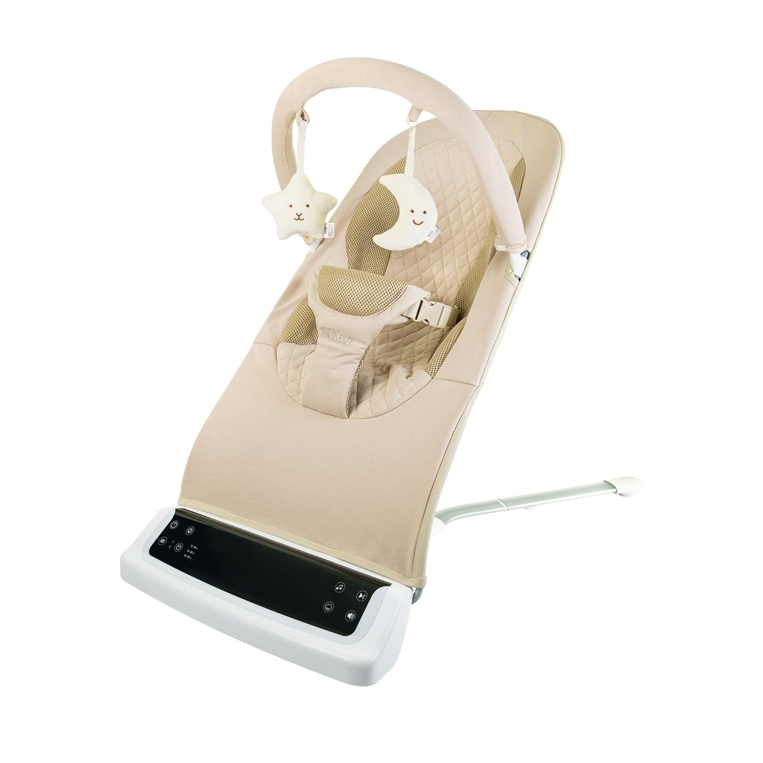 Nuby Deluxe Baby Bouncer Seat - Portable Infant Bouncer with Music, Fun Sounds, and Soothing Vibrations - Digital Display - 0-6 Months - Khaki