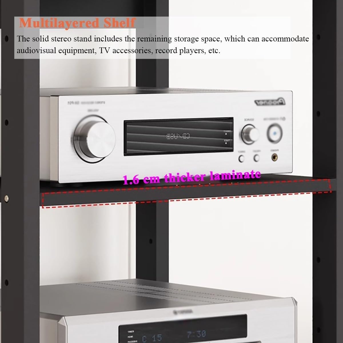 7 Tier 55 Inch Tall Audio Equipment Rack Rolling Cart Large Stereo Cabinets Turntable Record Player Shelf AV Media Tower With Storage Yellow Color Option for Office Home Bedroom Living Room