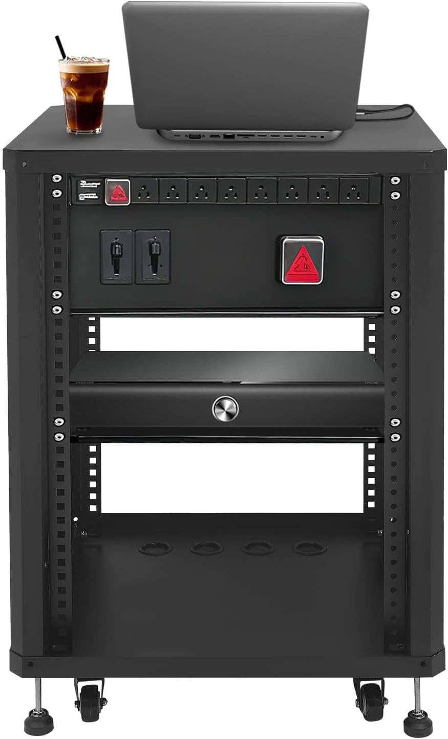 15U Server Rack with Wheels&Leveling Feet, Freestanding Rolling Open Frame IT Network Server Cabinet Rack Shelf for Audio Video Music Recording Computer AV Data & IT Equipment,Up to 300 Lbs Load,Black