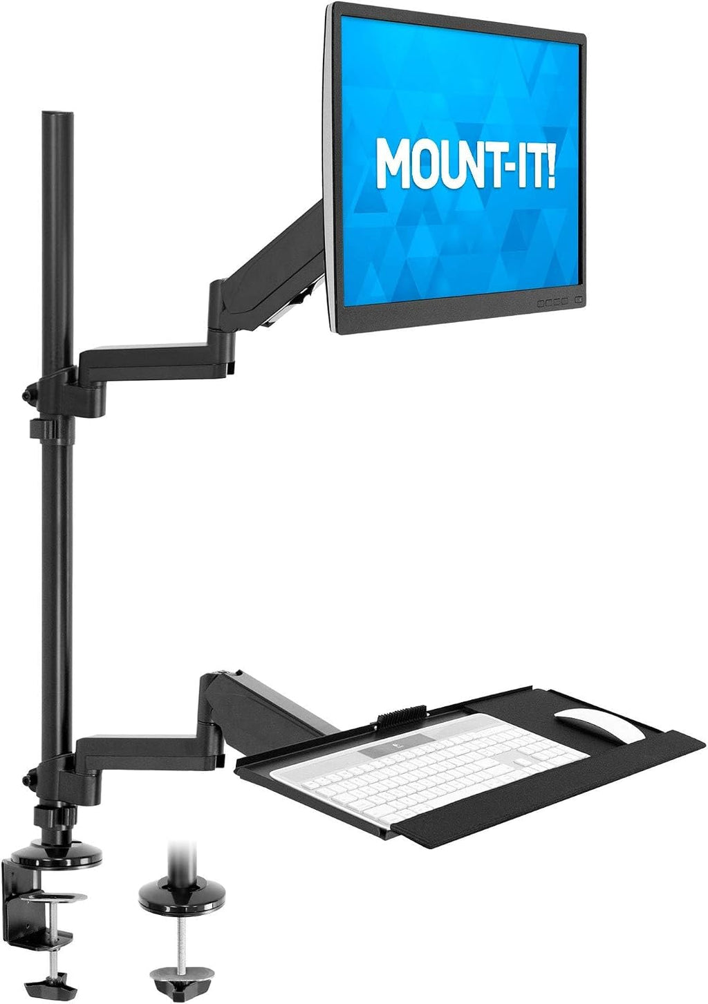 Mount-It! Sit-Stand Monitor Arm Desk Mount with Keyboard Tray, Single Monitor Fits Up to 32', Height Adjustable Gas Spring, Full Motion Articulating Arm, Clamp or Grommet, Black