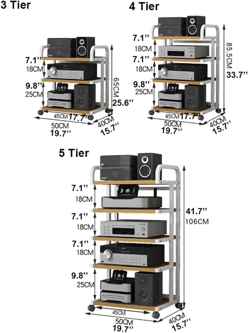 Audio Rack Movable Stereo Rack Audio Equipment Rack Audio with Wheels Stereo Shelf Wooden Open Audio-Video Shelving Waterproof(Natural,4 Tier)