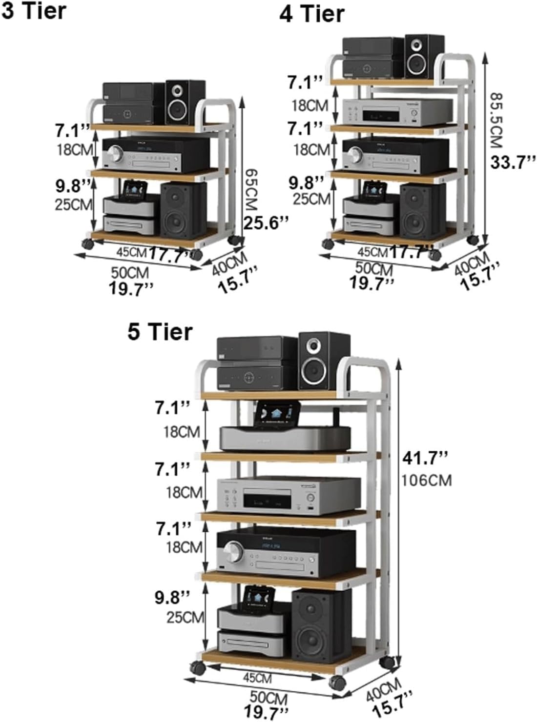 Audio Rack Movable Stereo Rack Audio Equipment Rack Audio with Wheels Stereo Shelf Wooden Open Audio-Video Shelving Waterproof(Natural,3 Tier)