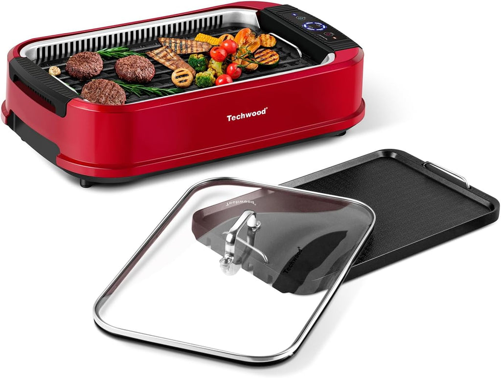 Indoor Smokeless Grill, Techwood 1500W Electric Indoor Grill with Tempered Glass Lid, Portable Non-stick Korean BBQ, Turbo Smoke Extractor Technology, Drip Tray& Double Removable Plate, Red