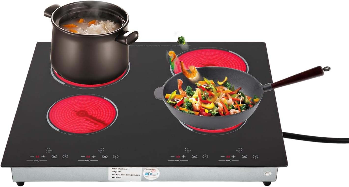 PERFERATE Electric Cooktop 4 Burner Electric Ceramic Cooktop 3000W,110V Countertop/Built-in Ceramic Stove Top with Touch-Control 9 Heating Levels Radiant Stove Top for All Cookwares