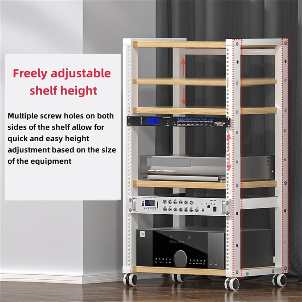 12U/16U/20U Open Frame Server Rack, Multi-Layer Audio Rack with Adjustable Shelves and Wheels, 4 Post AV Rack for Blu-Ray, DVD, Game Consoles, Amplifiers, AV Equipment(Medium)