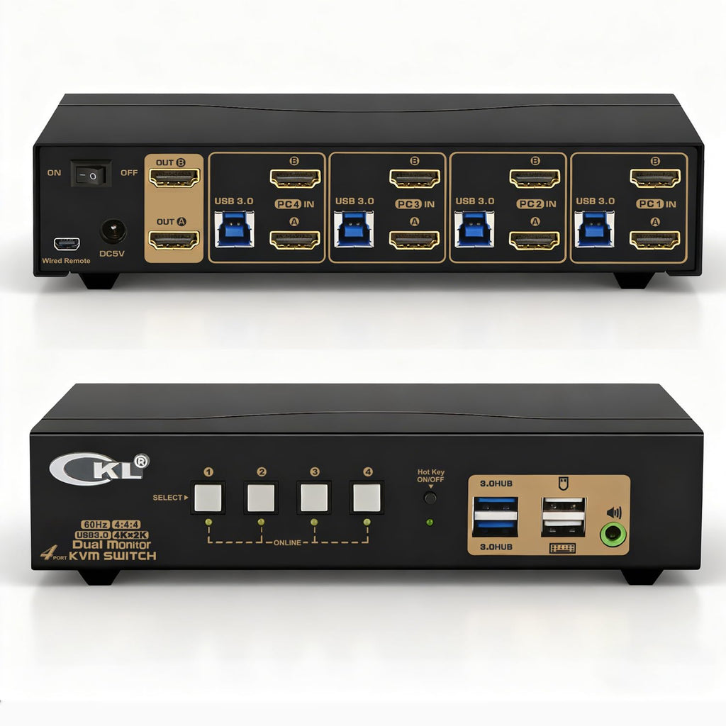 CKL KVM Switch Dual Monitor HDMI 4K@60Hz (2 Monitors 4 Computers 942HUA-3) for Home and Office to Console Desktops/Laptops, Support USB 3.0, Hot Key, Audio, Wireless Keyboard and Mouse