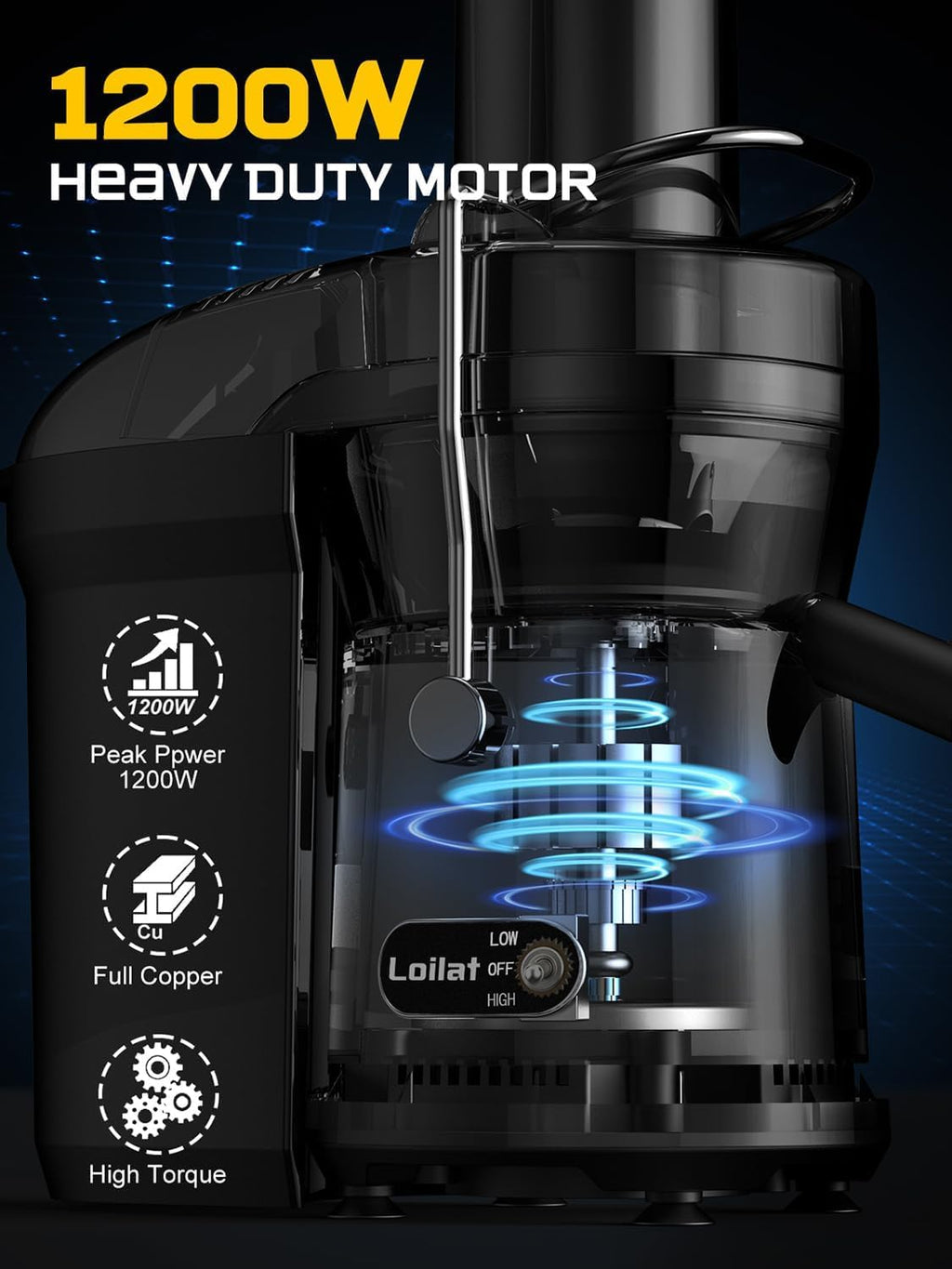 Juicer Machine, 1200W Juicer with 3' Feed Chute for Whole Fruits and Veg, Dual Speeds Centrifugal Juice Extractor, High Juice Yield, Full Copper Motor, Easy to Clean, BPA Free, JE2106