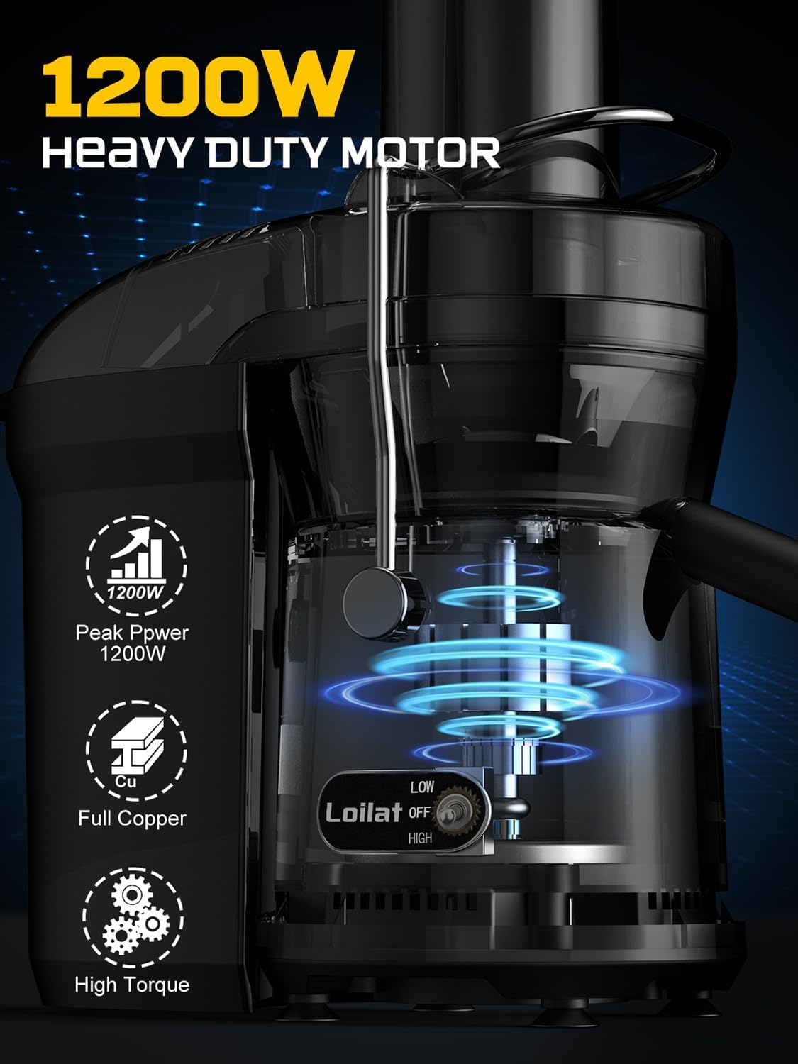 Juicer Machine, 1200W Juicer with 3' Feed Chute for Whole Fruits and Veg, Dual Speeds Centrifugal Juice Extractor, High Juice Yield, Full Copper Motor, Easy to Clean, BPA Free, JE2106
