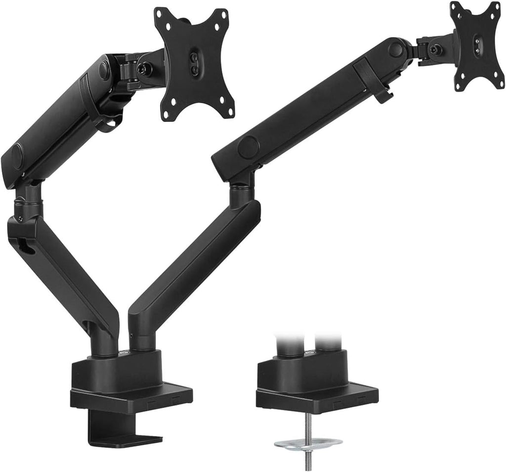 Mount-It! Dual Monitor Arm Mount Desk Stand | Premium Quality | Articulating Mechanical Spring Height Adjustable | Fits Two 24 27 29 30 32 Inch VESA 75 100 Compatible Screens | C-Clamp and Grommet