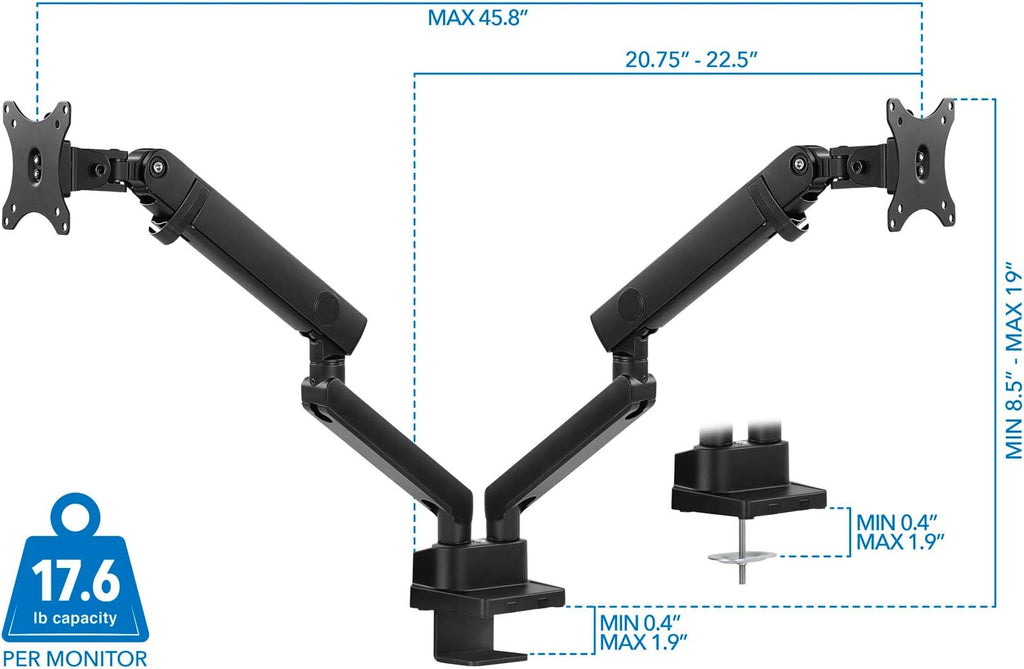 Mount-It! Dual Monitor Arm Mount Desk Stand | Premium Quality | Articulating Mechanical Spring Height Adjustable | Fits Two 24 27 29 30 32 Inch VESA 75 100 Compatible Screens | C-Clamp and Grommet