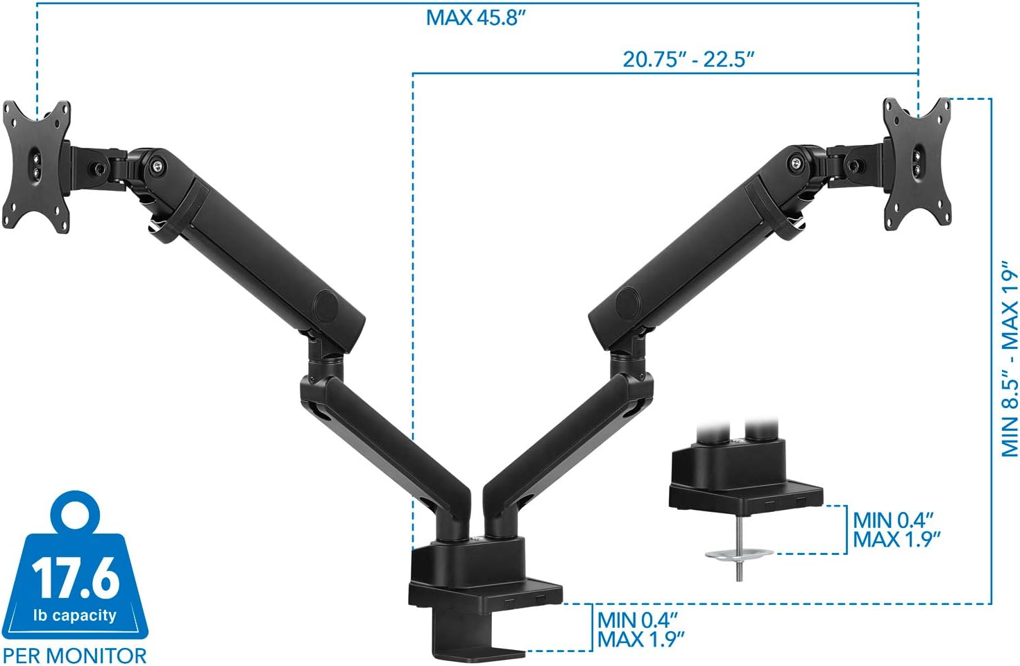 Mount-It! Dual Monitor Arm Mount Desk Stand | Premium Quality | Articulating Mechanical Spring Height Adjustable | Fits Two 24 27 29 30 32 Inch VESA 75 100 Compatible Screens | C-Clamp and Grommet