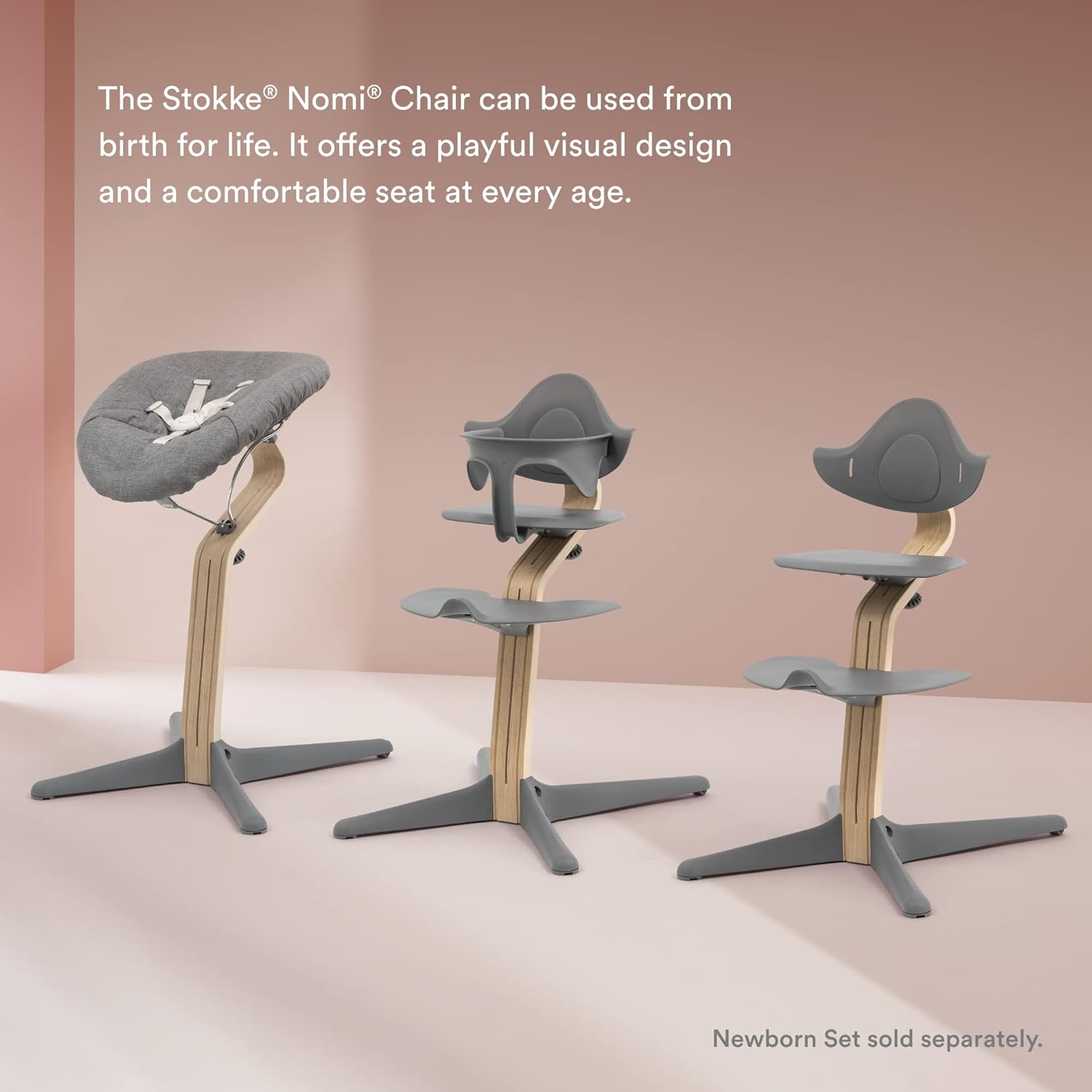 Stokke Nomi High Chair, White/Walnut - Inspires Active Sitting - Tool-Free, Seamless Adjustability - Includes Baby Set with Removable Harness for Children 6-24 Months