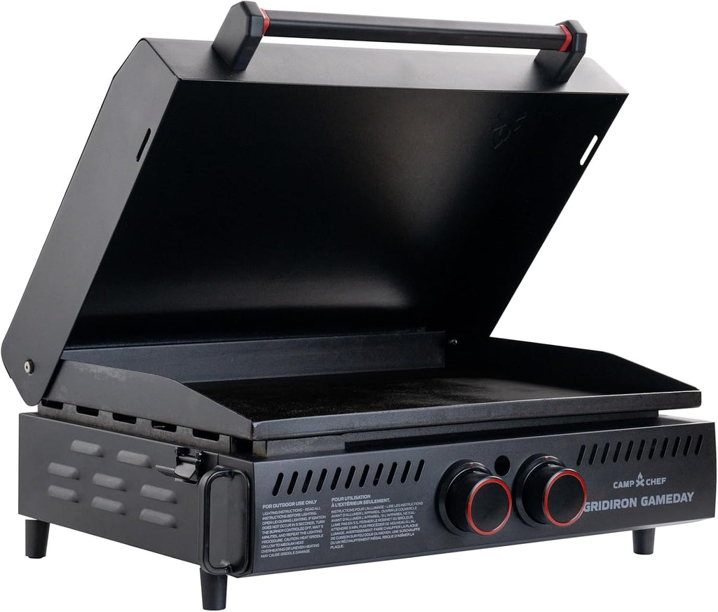 Gridiron Gameday 24' Portable Propane Grill – Flat Top Tabletop Griddle with Hinged Lid, 24,000 BTUs, Flamethrower Ignition, Dual Heat Zones, Adjustable Legs for Tailgating, Camping & Outdoor Cooking