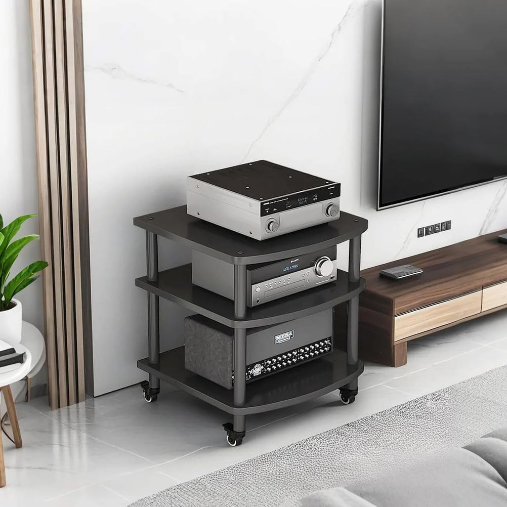 4-Tier AV Media Stand Audio Rack Tower Adjustable Height TV Game Console Equipment Shelf CD Record Player Stereo Component Rack Cabinet for Home Theater Studio,Black (with Wheels),3 Tier