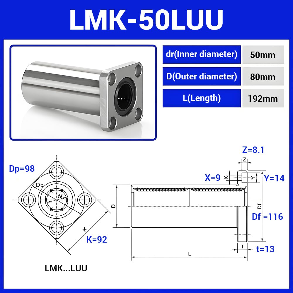 LMK50LUU Square Extra Long Flange Linear Ball Bearings, 50mm Bore Dia, 80mm OD, 192mm Length with Double Side Rubber Seal for CNC,3D Printer 1PCS